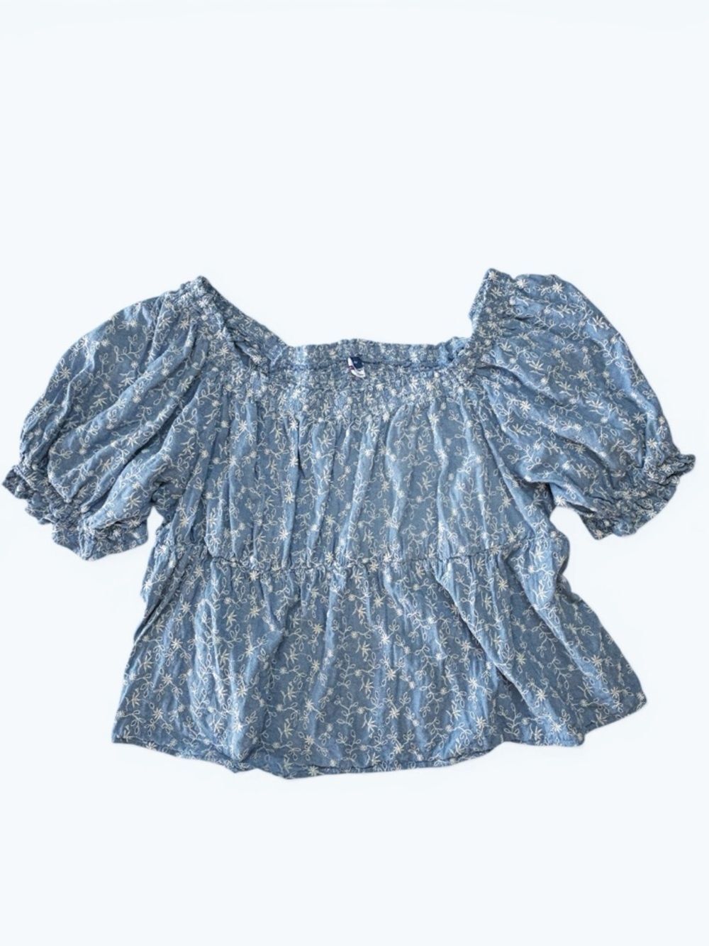 Old Navy Blue Floral Embroidered Blouse 4X Boho Smocked Puff Sleeve Top